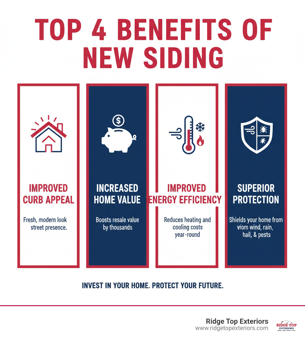 Infographic showing the top 4 benefits of new siding: 1. Improved Curb Appeal - fresh, modern look increases street presence; 2. Increased Home Value - quality siding can boost resale value by thousands; 3. Improved Energy Efficiency - reduces heating and cooling costs year-round; 4. Superior Protection - shields your home from wind, rain, hail, and pests. Visual includes icons for each benefit with Ridge Top Exteriors colors: white, #B20839, and #0D224B - siding installation near me infographic Infographic showing the top 4 benefits of new siding: 1. Improved Curb Appeal - fresh, modern look increases street presence; 2. Increased Home Value - quality siding can boost resale value by thousands; 3. Improved Energy Efficiency - reduces heating and cooling costs year-round; 4. Superior Protection - shields your home from wind, rain, hail, and pests. Visual includes icons for each benefit with Ridge Top Exteriors colors: white, #B20839, and #0D224B - siding installation near me infographic