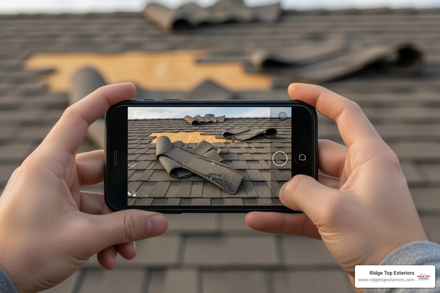 smartphone taking a picture of a damaged roof - residential storm damage repair smartphone taking a picture of a damaged roof - residential storm damage repair