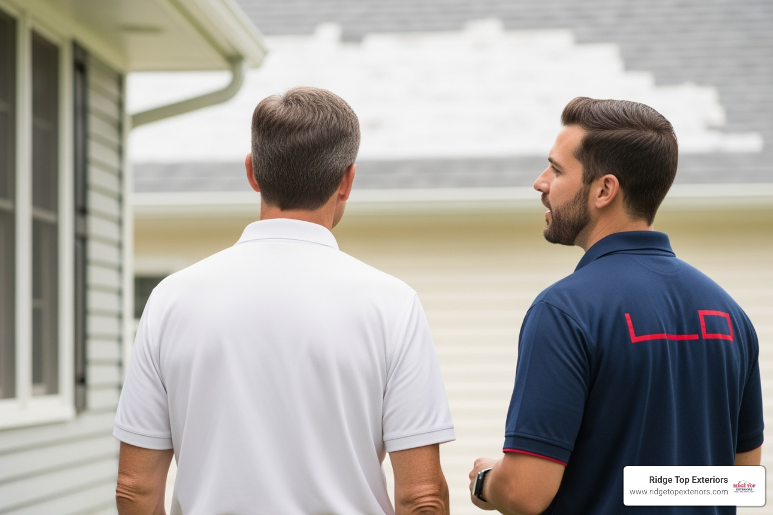homeowner talking with a project manager - residential storm damage repair homeowner talking with a project manager - residential storm damage repair