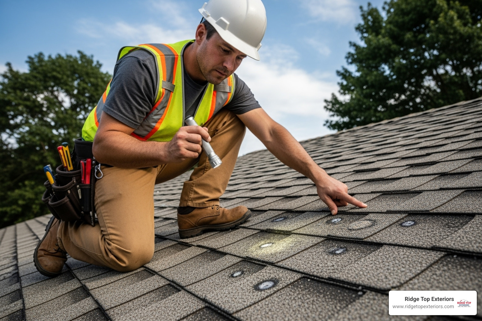 roofing contractor inspecting asphalt shingles for hail damage - residential storm damage repair roofing contractor inspecting asphalt shingles for hail damage - residential storm damage repair