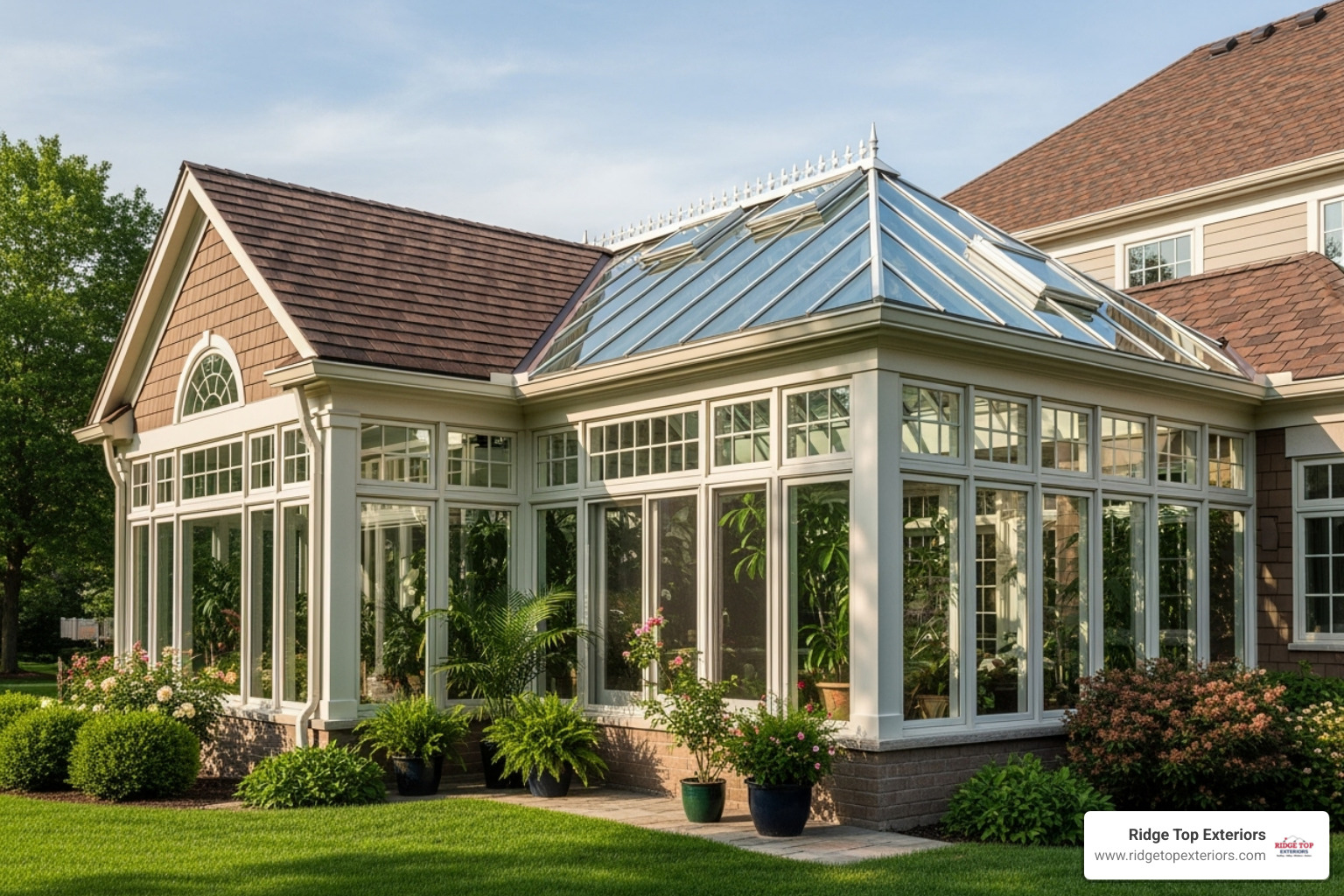 Beautiful asphalt shingle roof in a complementary color on a conservatory - cost of tiled roof on conservatory