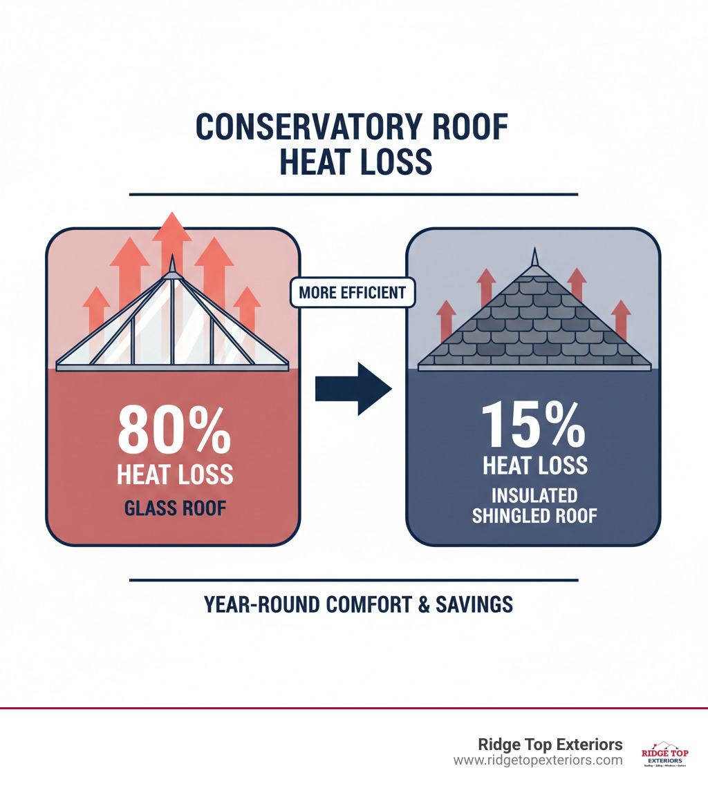 Infographic showing conservatory roof heat loss comparison between glass roof and solid shingled roof, with arrows indicating 80% heat loss through glass panels versus 15% heat loss through insulated asphalt shingle roof, displayed in Ridge Top Exteriors colors of white, burgundy #B20839, and navy #0D224B - cost of tiled roof on conservatory infographic 