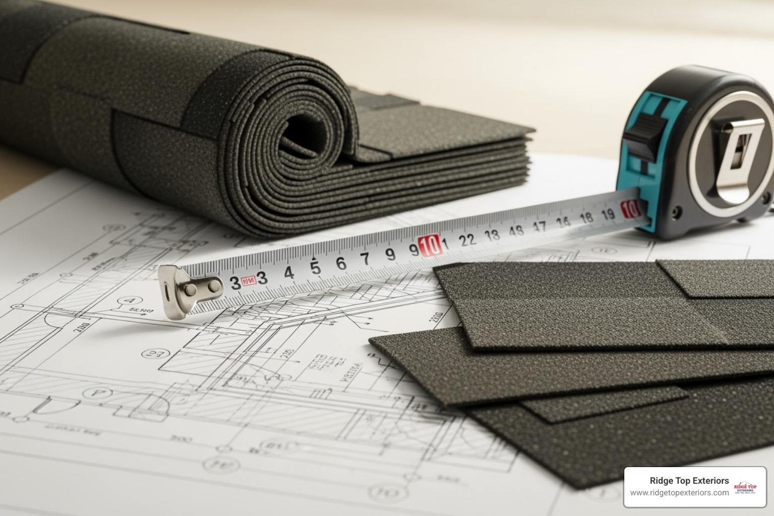 Tape measure and asphalt shingles on a blueprint, signifying cost estimation - cost of tiled roof on conservatory