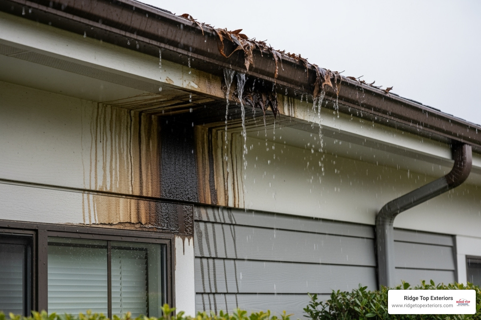 water damage on a home's fascia and siding due to a clogged gutter - Gutter installation Appleton WI
