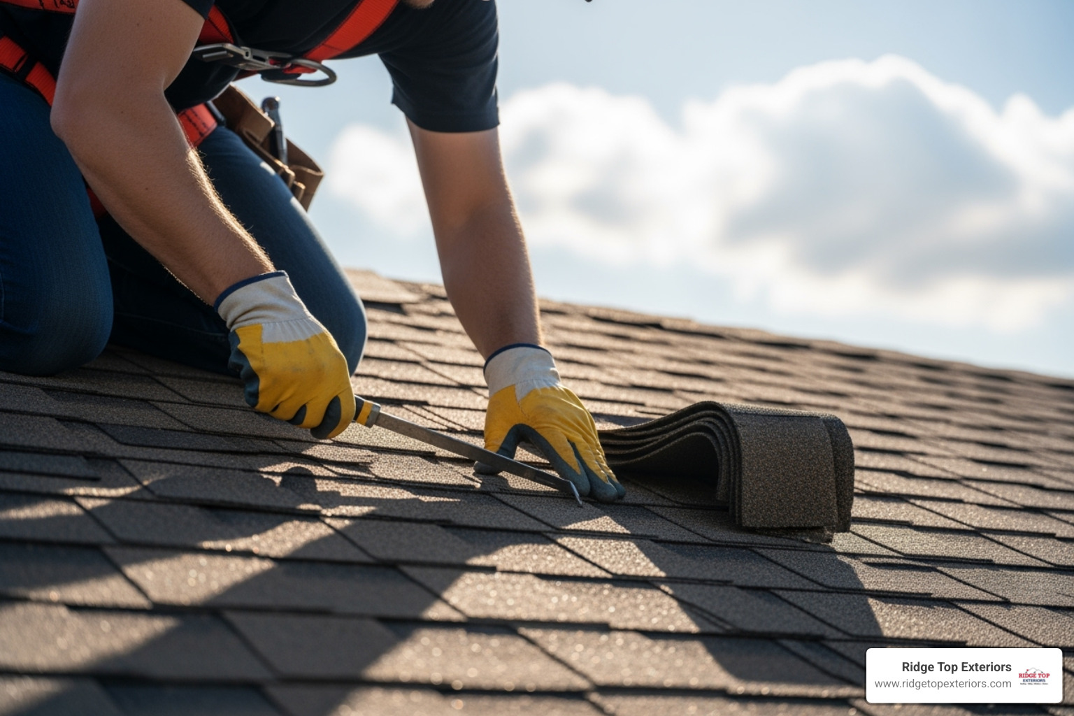 Professional roofer safely working on an asphalt shingle roof repair - Roof repair Appleton WI Professional roofer safely working on an asphalt shingle roof repair - Roof repair Appleton WI