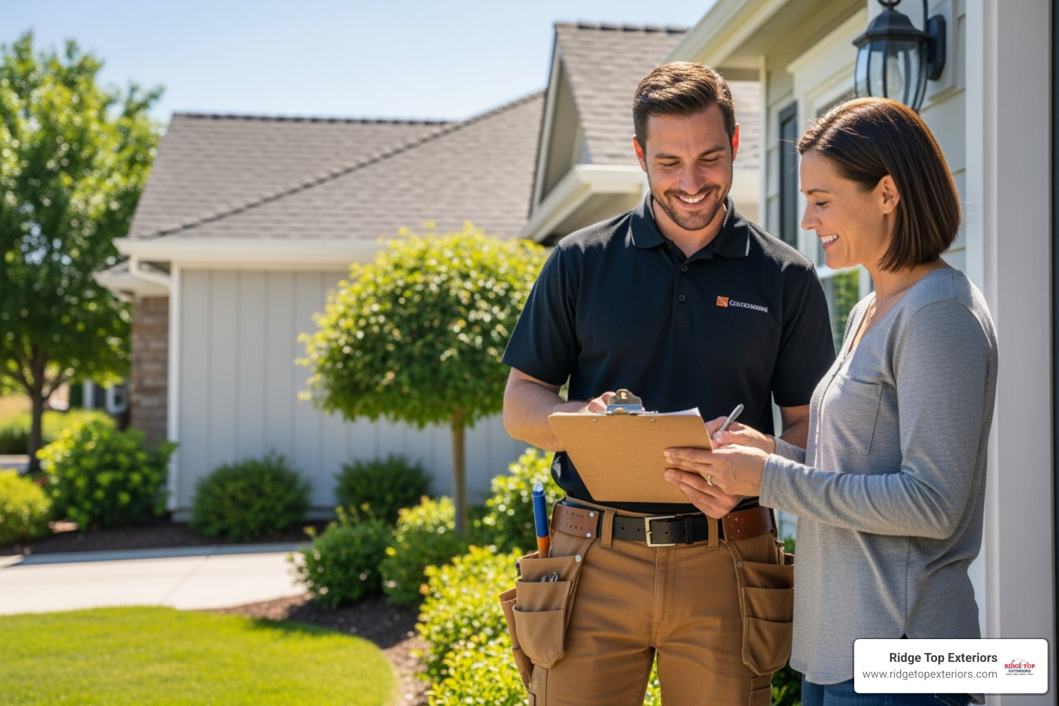 Friendly contractor discussing a project with a homeowner in front of their house - Roof repair Appleton WI Friendly contractor discussing a project with a homeowner in front of their house - Roof repair Appleton WI