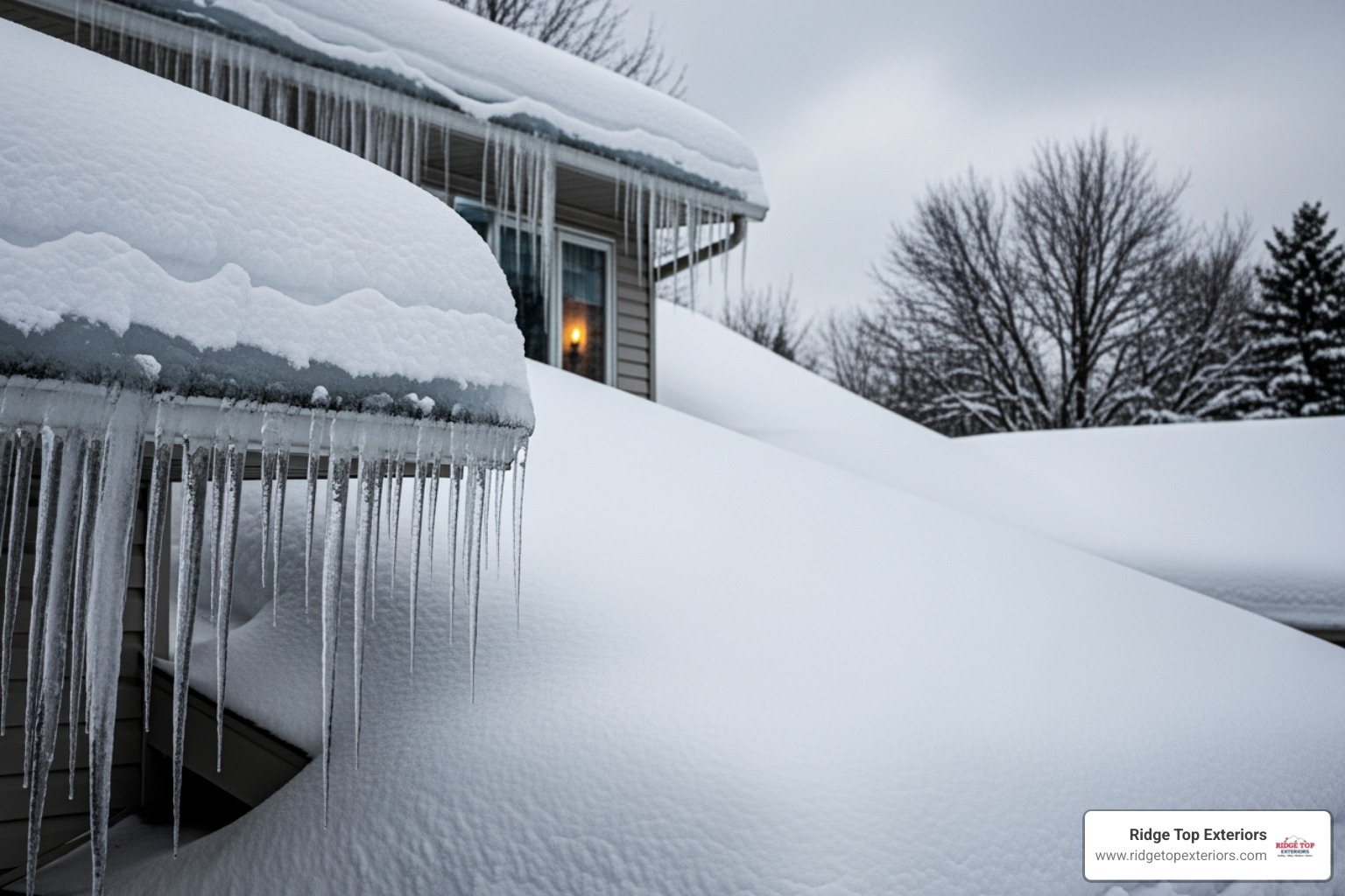 Roof with heavy snow and icicles - Roof repair Appleton WI Roof with heavy snow and icicles - Roof repair Appleton WI