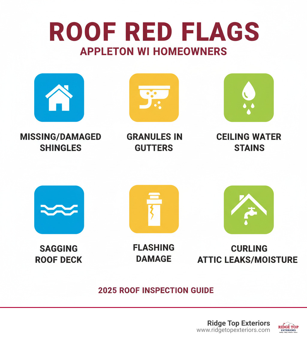 Infographic showing the 7 common signs of roof damage for Appleton homeowners: 1) Missing or damaged asphalt shingles, 2) Granules accumulating in gutters, 3) Water stains on interior ceilings, 4) Sagging or uneven roof deck, 5) Damaged or rusted flashing around chimneys and vents, 6) Visible leaks or moisture in the attic, 7) Curling or buckling shingles. Each sign is illustrated with a simple icon and brief description, using Ridge Top Exteriors' color scheme of white, burgundy #B20839, and navy #0D224B. - Roof repair Appleton WI infographic Infographic showing the 7 common signs of roof damage for Appleton homeowners: 1) Missing or damaged asphalt shingles, 2) Granules accumulating in gutters, 3) Water stains on interior ceilings, 4) Sagging or uneven roof deck, 5) Damaged or rusted flashing around chimneys and vents, 6) Visible leaks or moisture in the attic, 7) Curling or buckling shingles. Each sign is illustrated with a simple icon and brief description, using Ridge Top Exteriors' color scheme of white, burgundy #B20839, and navy #0D224B. - Roof repair Appleton WI infographic