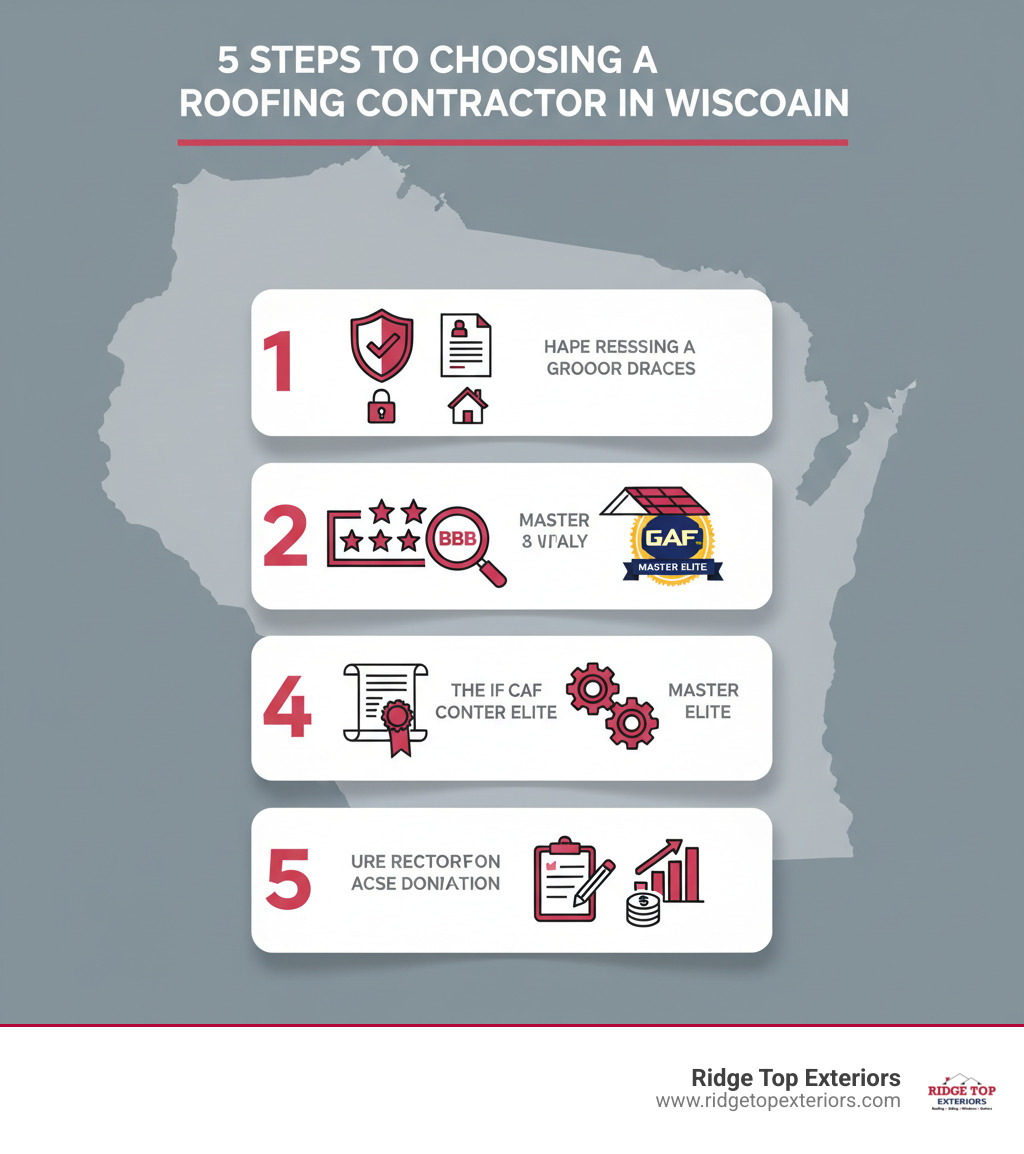 Infographic showing 5 key steps to choosing a roofing contractor in Wisconsin: 1) Verify credentials and insurance, 2) Check online reviews and BBB rating, 3) Confirm manufacturer certifications like GAF Master Elite, 4) Review warranty coverage and workmanship guarantees, 5) Get a free estimate and compare detailed proposals - best roofing contractor wisconsin infographic 