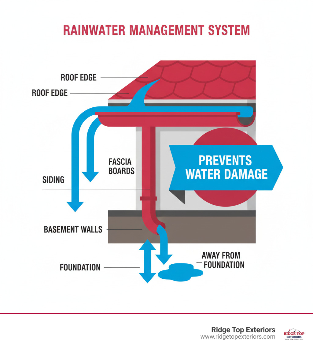 Infographic showing how a properly functioning gutter system channels rainwater from the roof through downspouts and away from the foundation, preventing water damage to the roof edge, siding, fascia boards, basement walls, and foundation, with arrows indicating water flow and labels for each protected component - gutter cleaning madison infographic Infographic showing how a properly functioning gutter system channels rainwater from the roof through downspouts and away from the foundation, preventing water damage to the roof edge, siding, fascia boards, basement walls, and foundation, with arrows indicating water flow and labels for each protected component - gutter cleaning madison infographic