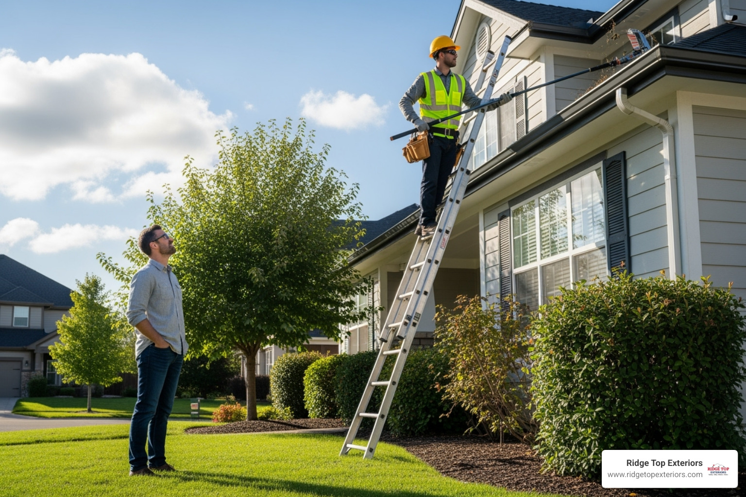 A homeowner safely observing a professional cleaning gutters with specialized equipment - gutter cleaning madison A homeowner safely observing a professional cleaning gutters with specialized equipment - gutter cleaning madison