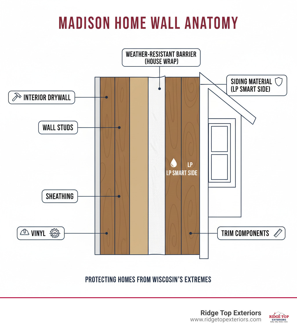 Infographic showing the anatomy of a home's exterior wall system in Madison homes, with labeled layers including interior drywall, wall studs, sheathing, weather-resistant barrier or house wrap, siding material (vinyl or LP SmartSide), and trim components, using Ridge Top Exteriors' brand colors of white, burgundy red #B20839, and navy blue #0D224B - siding repair madison wi infographic 