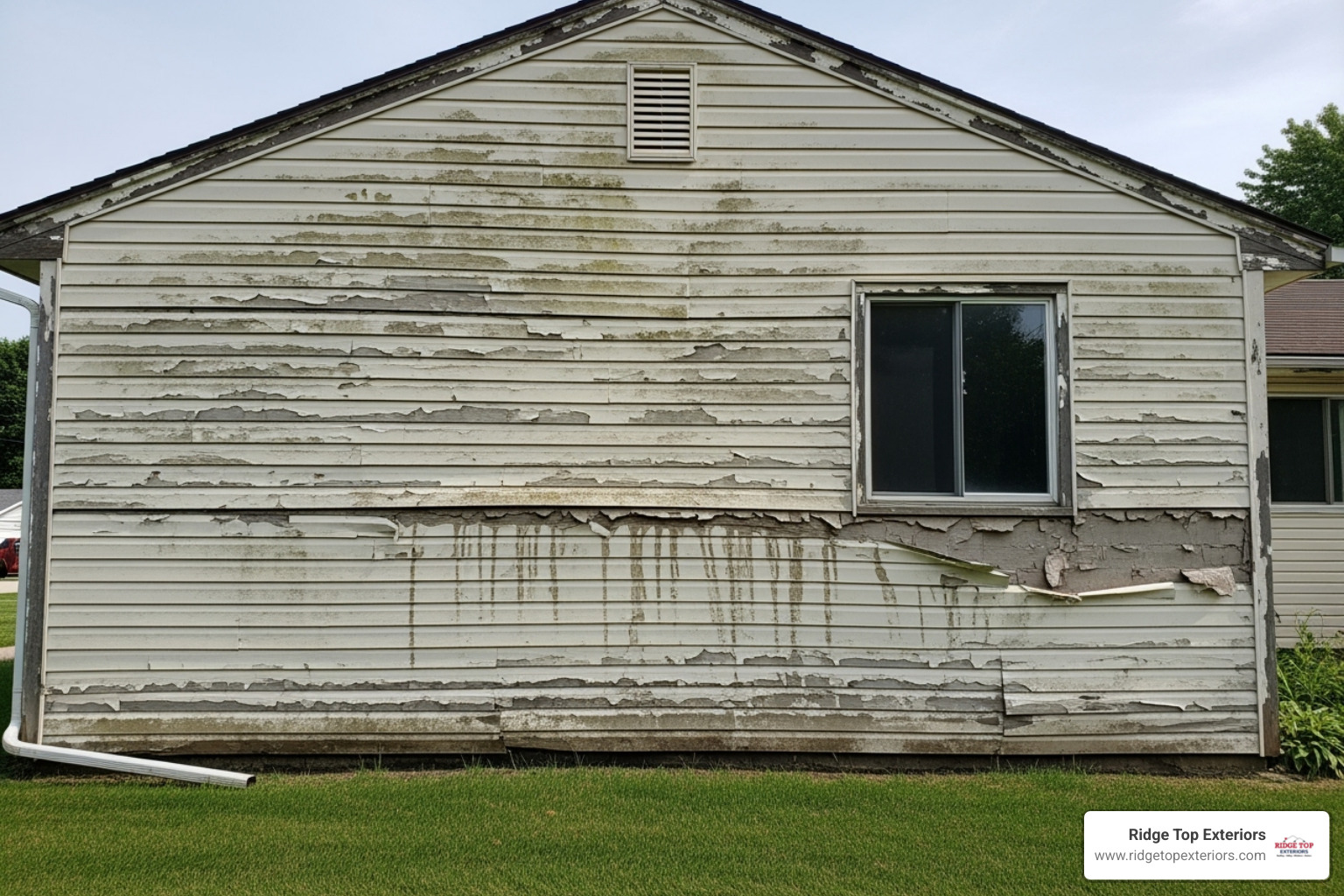 Cracked and faded vinyl siding on a Madison home, showing clear signs of weathering and potential moisture damage - siding repair madison wi