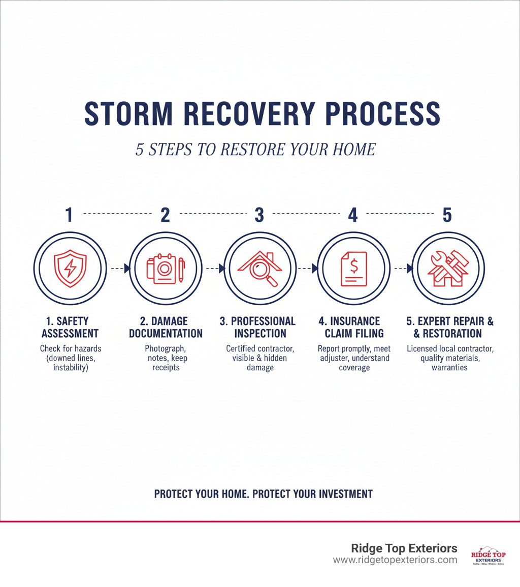 Infographic showing the 5-step storm recovery process: 1. Safety Assessment - Check for immediate hazards like downed power lines and structural instability; 2. Damage Documentation - Photograph all damage, write detailed notes, and keep receipts; 3. Professional Inspection - Hire a certified contractor to identify visible and hidden damage; 4. Insurance Claim Filing - Report damage promptly, meet with adjuster, understand your coverage; 5. Expert Repair & Restoration - Work with a licensed local contractor using quality materials with strong warranties. Color scheme: white background with #B20839 red and #0D224B navy blue accents - storm damage repair infographic 