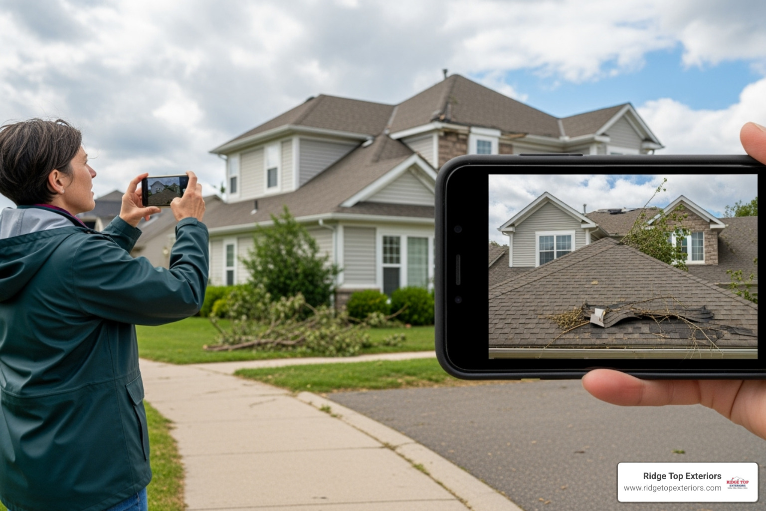 Homeowner safely taking photos of damaged roof from ground - storm damage repair