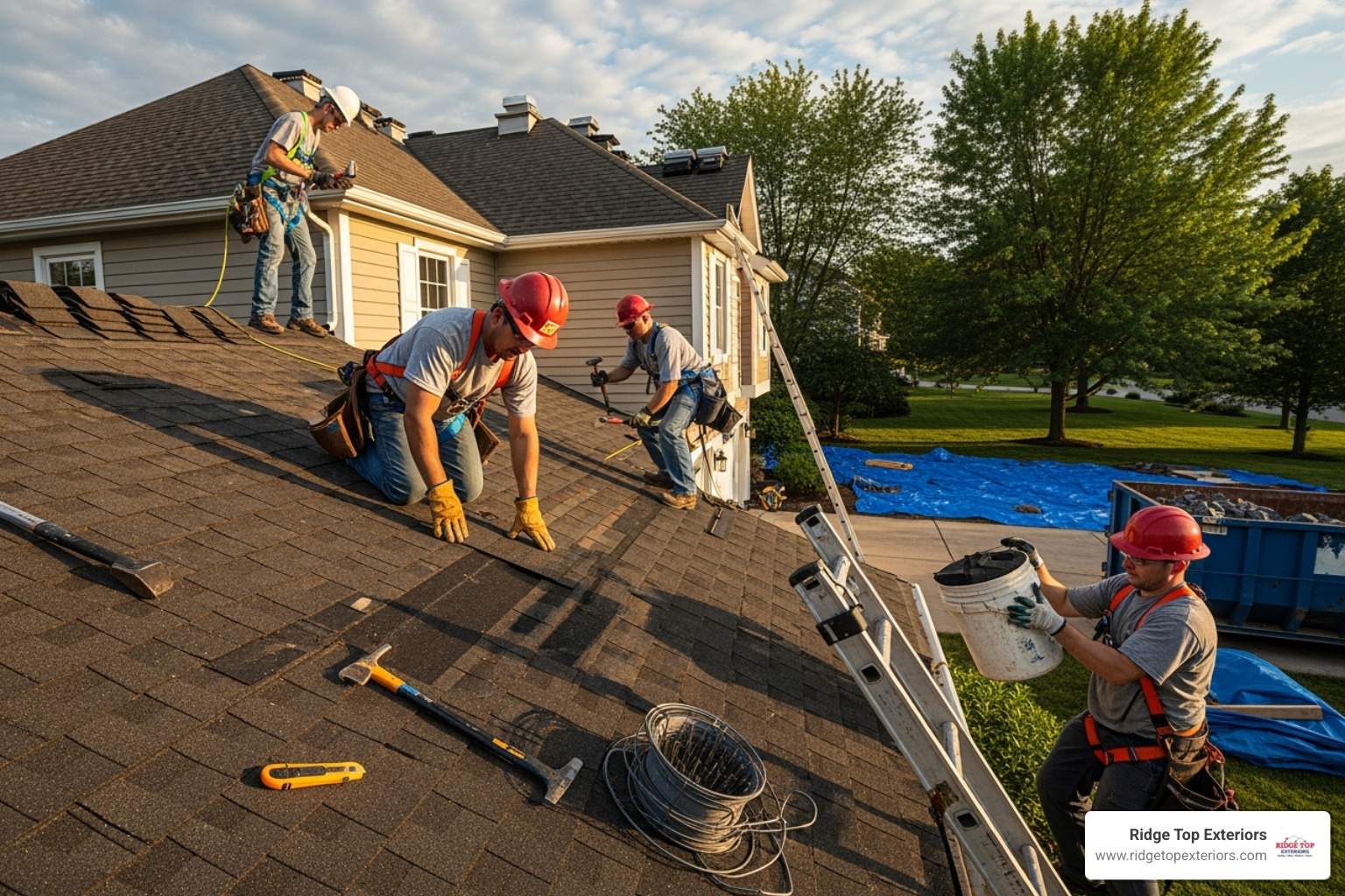 Roofing crew professionally repairing an asphalt shingle roof - storm damage repair