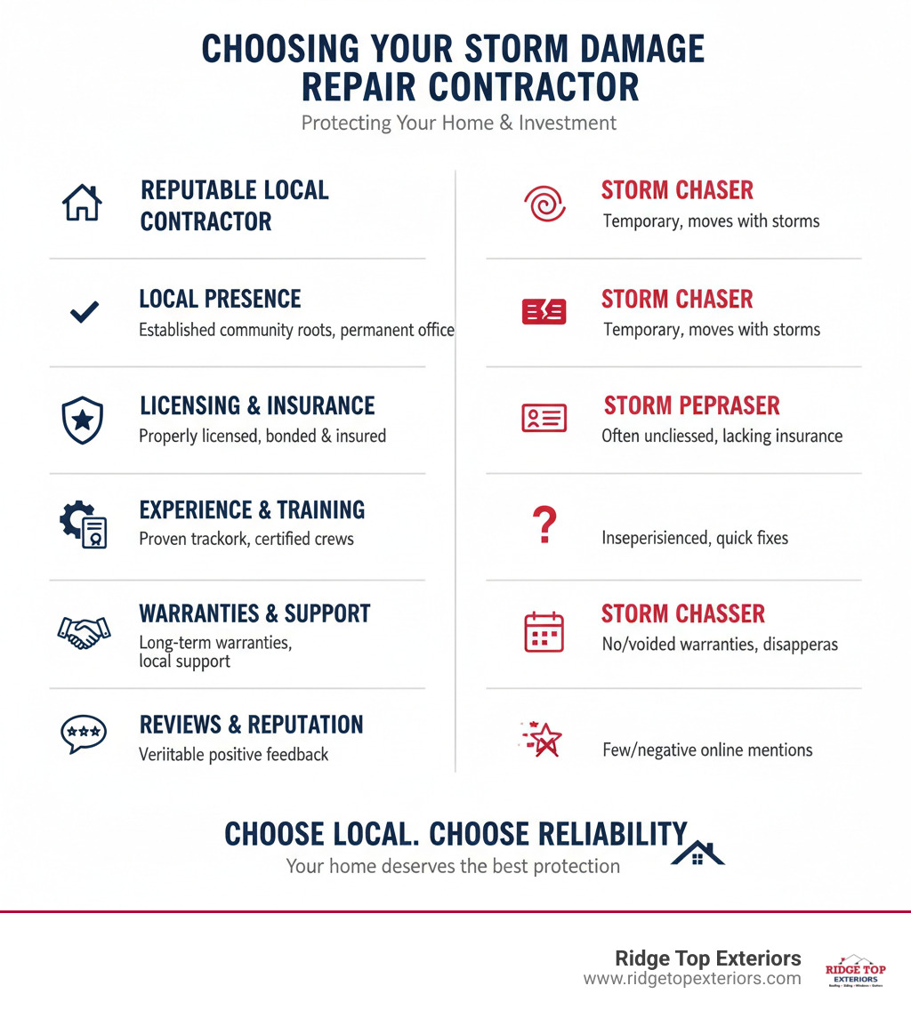 Infographic comparing reputable local contractor versus storm chaser, with criteria like local presence, licensing, experience, warranties, and reviews. Color scheme: white background with #B20839 red and #0D224B navy blue accents - storm damage repair infographic 