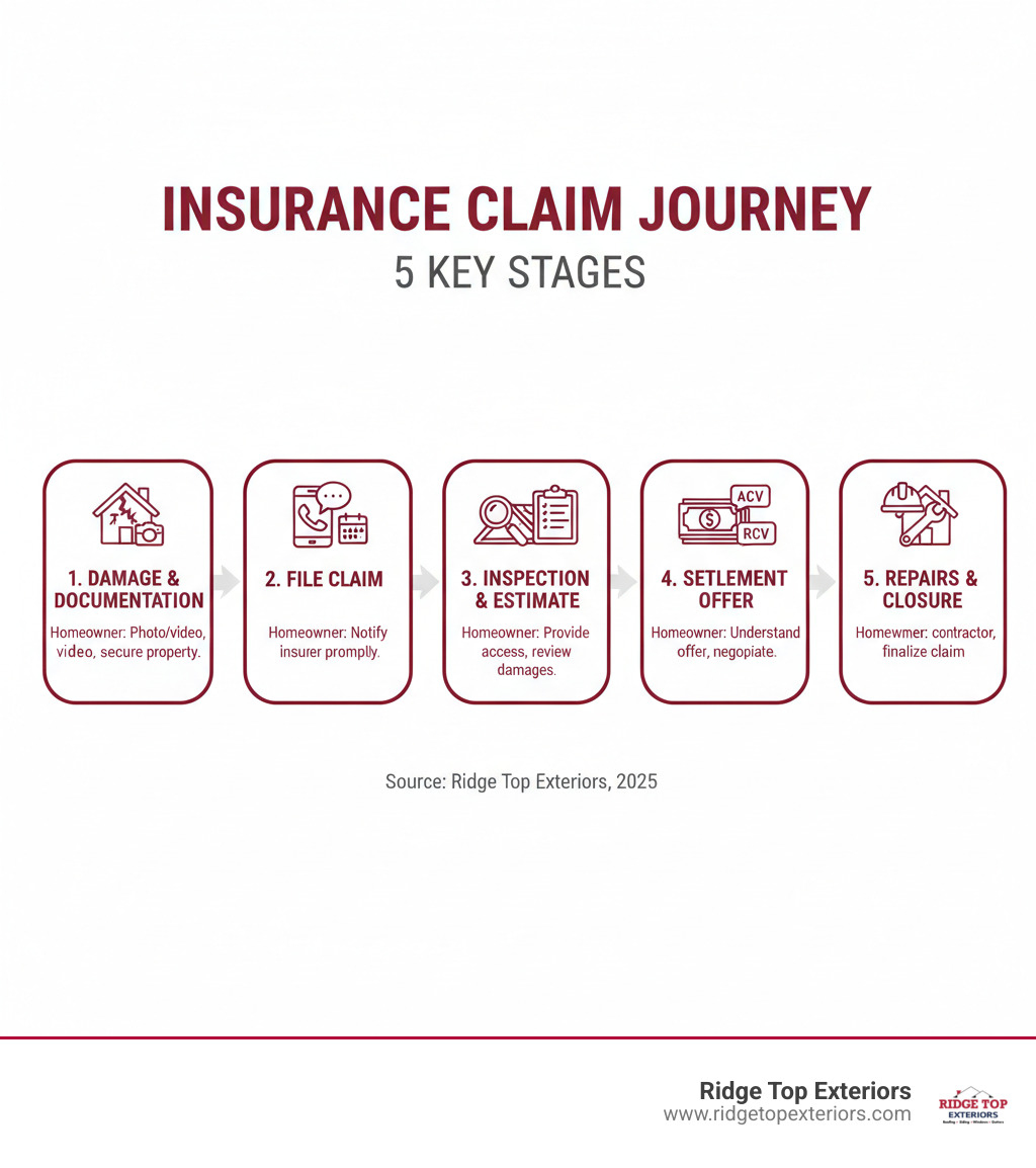 Infographic showing 5 key stages of an insurance claim: 1. Damage occurs and is documented with photos/video, 2. Claim is filed with insurance company within policy timeframe, 3. Insurance adjuster inspects property and creates damage estimate, 4. Settlement offer is made (ACV first, then RCV after repairs), 5. Repairs are completed by qualified contractor and claim is closed. Each stage includes a small icon and brief note about homeowner responsibilities. - insurance claim help infographic Infographic showing 5 key stages of an insurance claim: 1. Damage occurs and is documented with photos/video, 2. Claim is filed with insurance company within policy timeframe, 3. Insurance adjuster inspects property and creates damage estimate, 4. Settlement offer is made (ACV first, then RCV after repairs), 5. Repairs are completed by qualified contractor and claim is closed. Each stage includes a small icon and brief note about homeowner responsibilities. - insurance claim help infographic