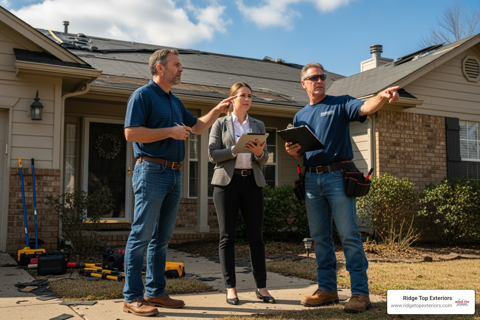A homeowner meeting with an insurance adjuster and a contractor outside a house - insurance claim help A homeowner meeting with an insurance adjuster and a contractor outside a house - insurance claim help