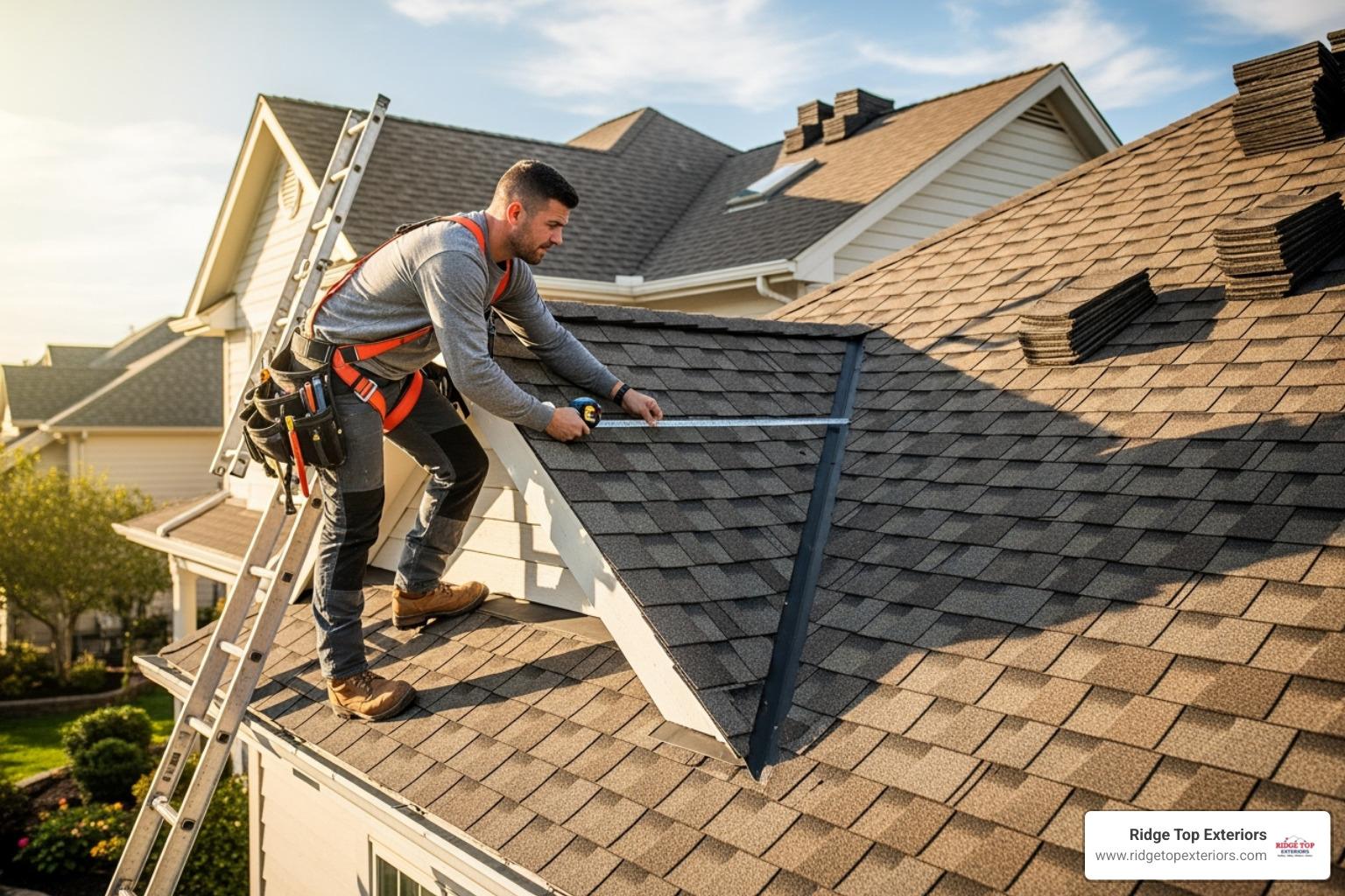 roofer measuring a roof section - cost to reshingle a house