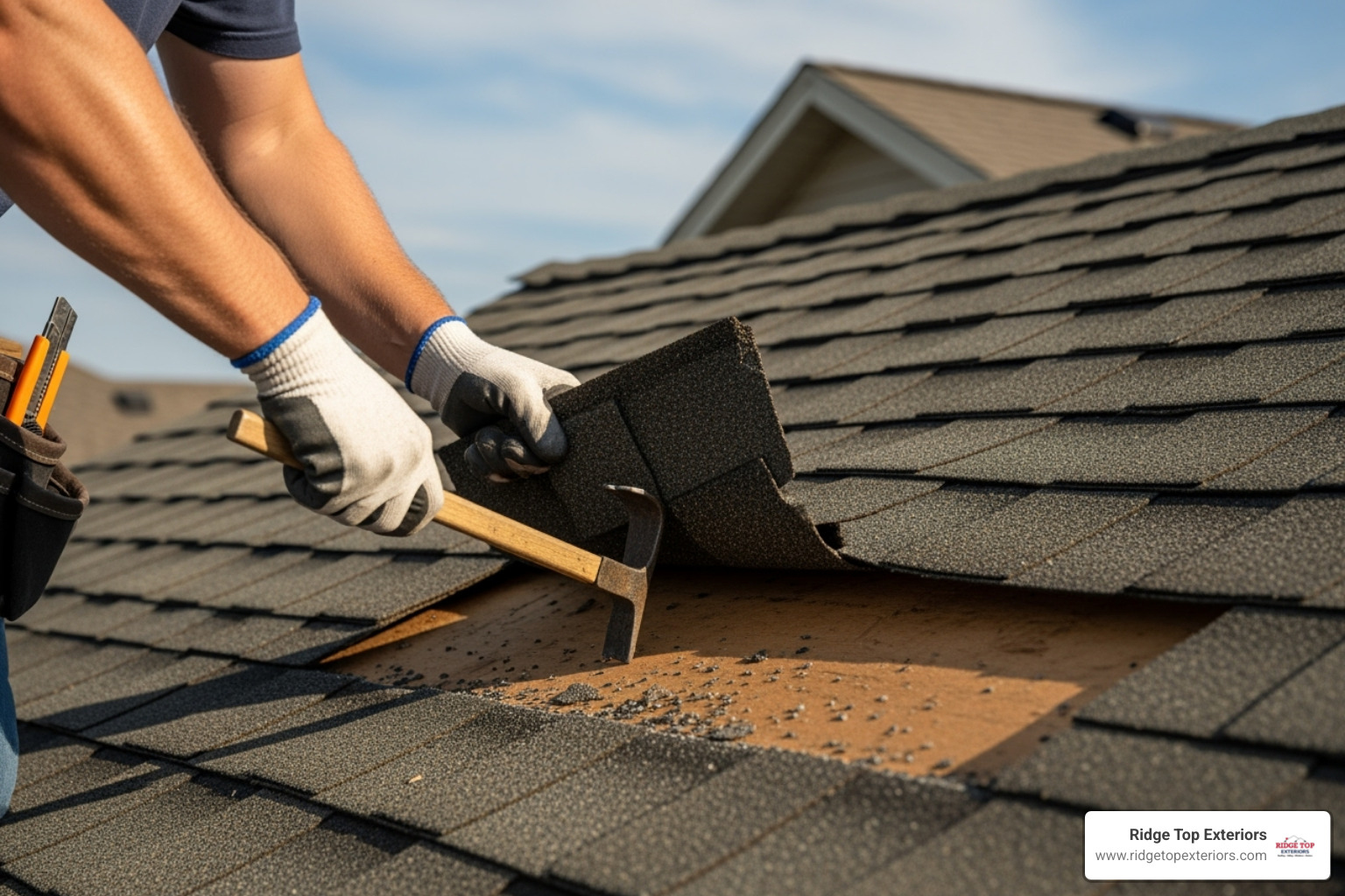 roofer carefully removing a damaged shingle - damaged shingles repair roofer carefully removing a damaged shingle - damaged shingles repair