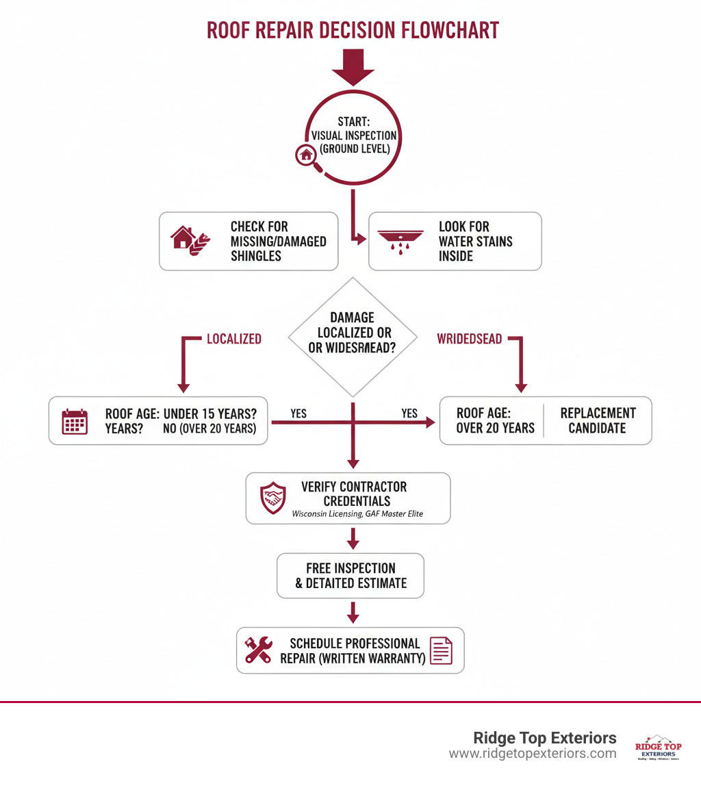 Infographic showing the roof repair decision flowchart: Start with visual inspection from ground level, check for missing or damaged shingles, look for water stains inside, determine if damage is localized or widespread, consider roof age (under 15 years = repair candidate, over 20 years = replacement candidate), verify contractor credentials including Wisconsin licensing and GAF Master Elite certification, get free inspection and detailed estimate, and schedule professional repair with written warranty - roof repair Marshfield WI infographic 