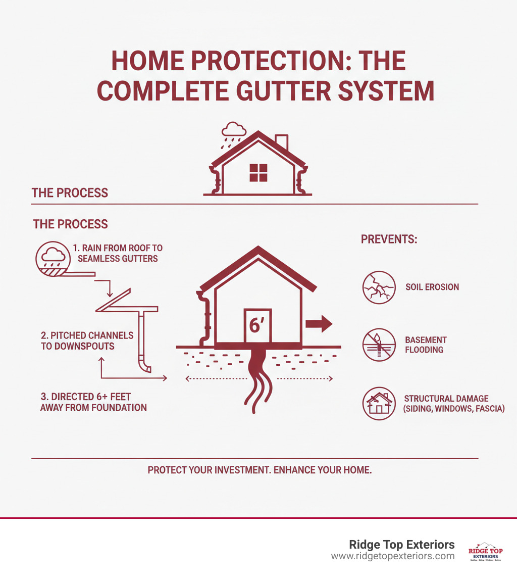 Infographic showing how a complete gutter system protects a home: rainwater flows from the roof into seamless gutters, travels through properly pitched channels to downspouts, and is directed at least 6 feet away from the foundation, preventing soil erosion, basement flooding, and structural damage to siding, windows, and fascia - gutter company near me infographic 