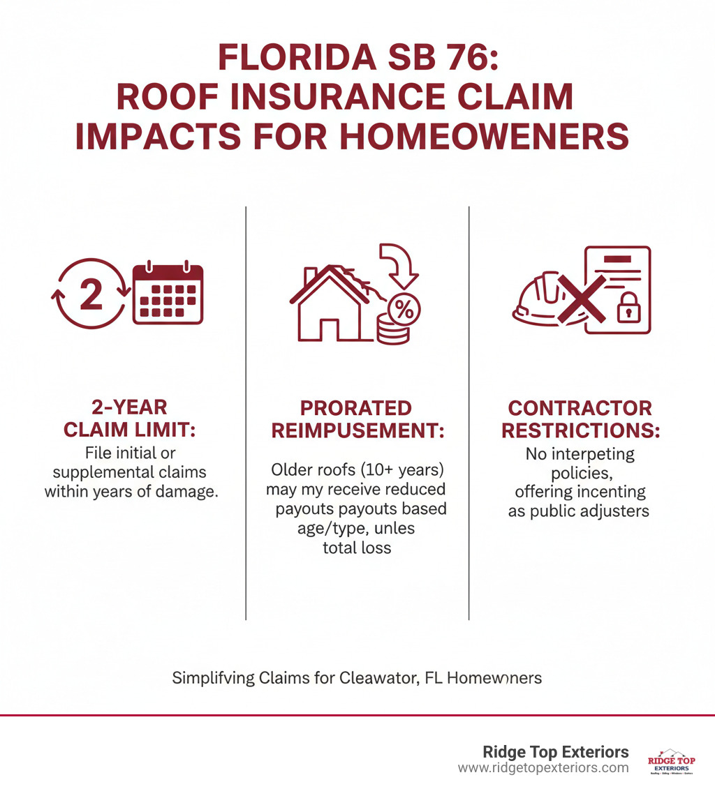 infographic explaining the key points of Florida's SB 76 for homeowners, including 2-year claim limit, prorated reimbursement for older roofs, and contractor restrictions - insurance claims assistance for roofs clearwater fl infographic infographic explaining the key points of Florida's SB 76 for homeowners, including 2-year claim limit, prorated reimbursement for older roofs, and contractor restrictions - insurance claims assistance for roofs clearwater fl infographic