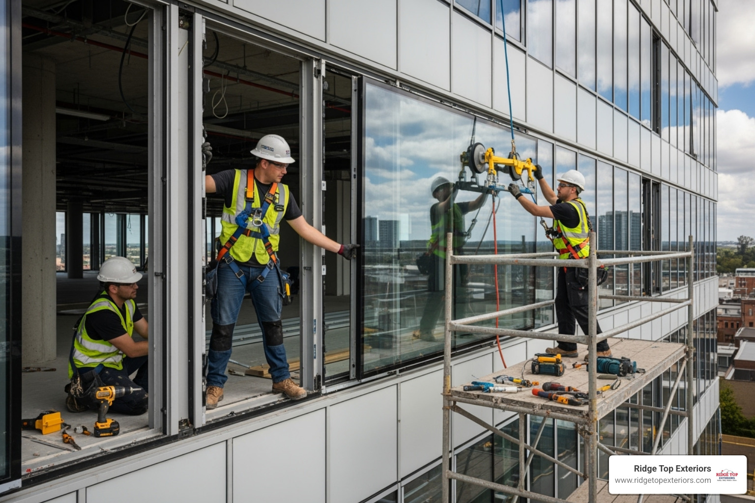 Image of a professional installation team working on a commercial building - Window replacement Appleton WI Image of a professional installation team working on a commercial building - Window replacement Appleton WI