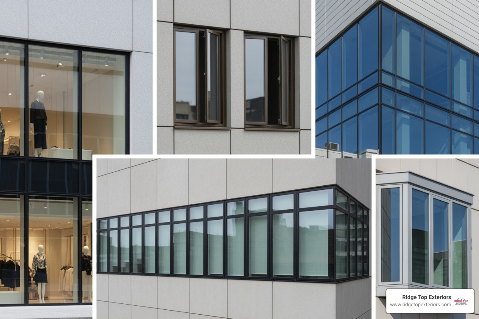 Image of different commercial window styles like storefront and casement windows - Window replacement Appleton WI Image of different commercial window styles like storefront and casement windows - Window replacement Appleton WI