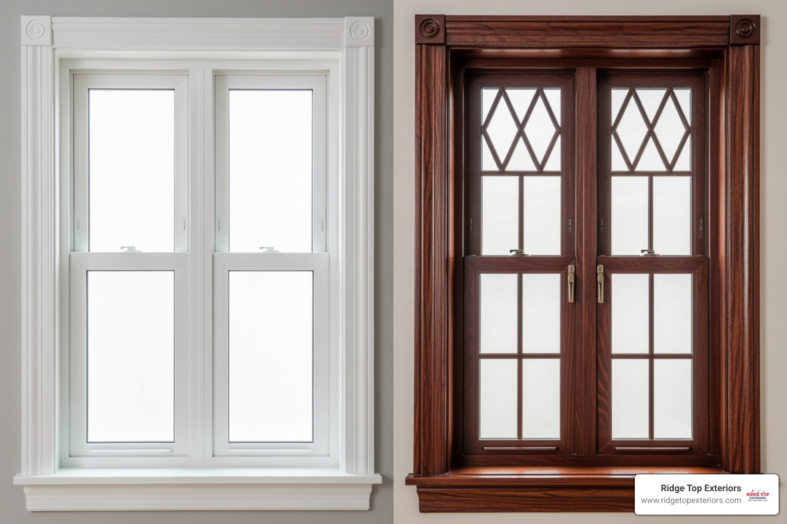 side-by-side comparison of an entry-level vinyl window and a high-end wood window - double hung replacement windows prices