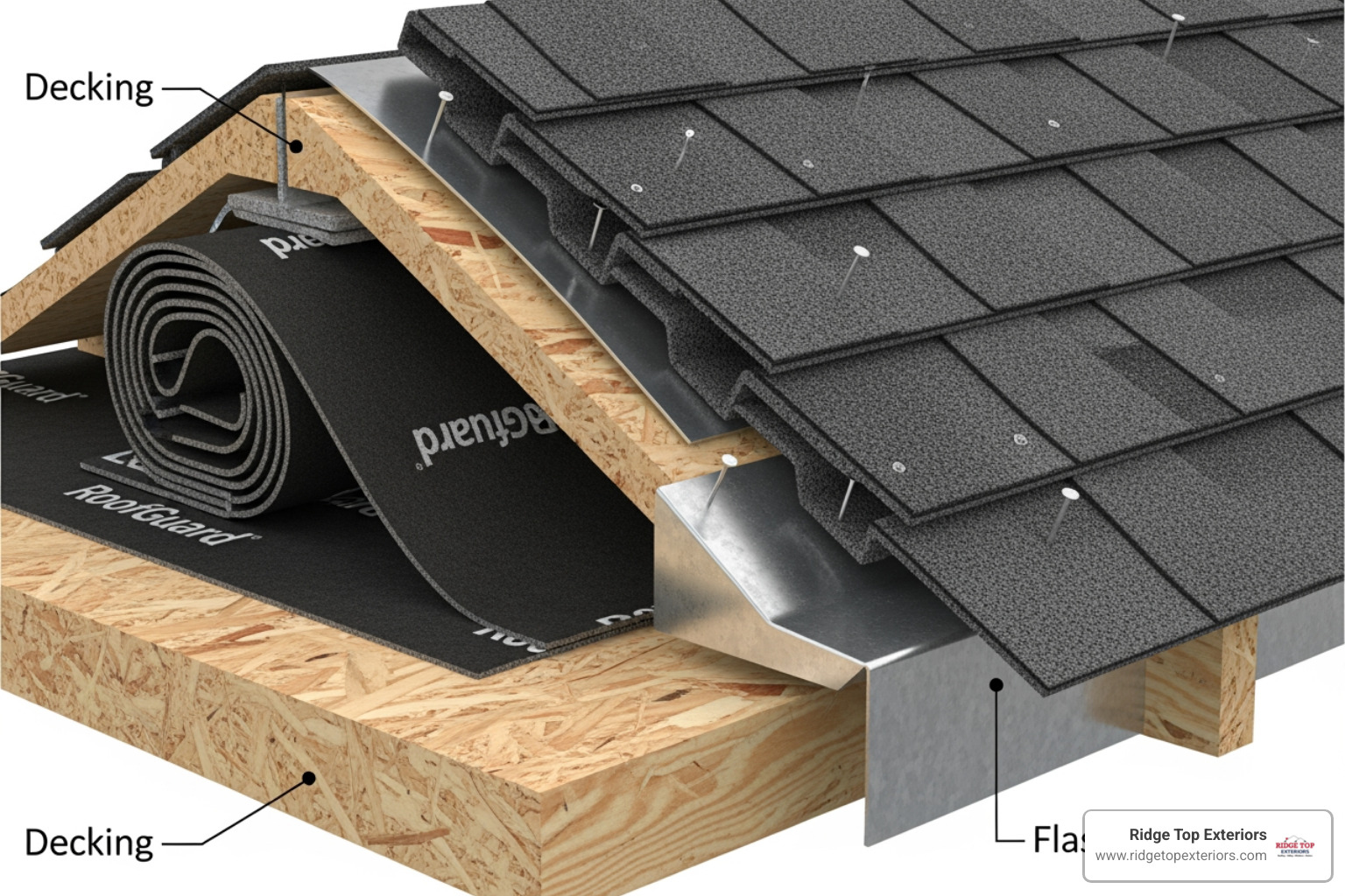 cross-section of a roof system highlighting decking, underlayment, flashing, and shingles - roof replacement costs 2025