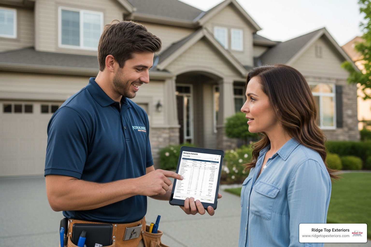 a roofing contractor using a tablet to show a homeowner an estimate - roof replacement costs 2025