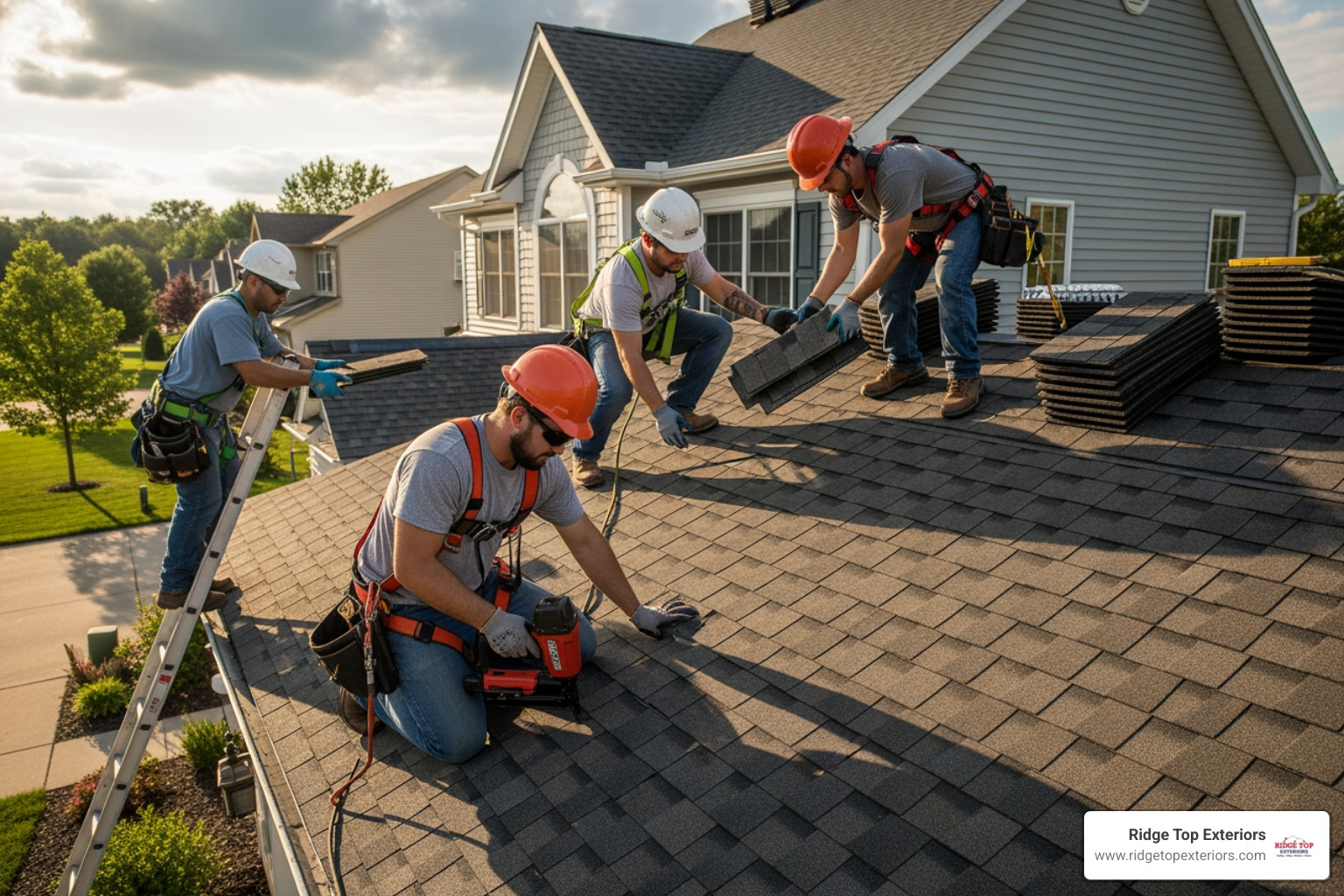 Roofing team installing GAF shingles on a residential roof - How much does a roof cost in Madison WI? Roofing team installing GAF shingles on a residential roof - How much does a roof cost in Madison WI?