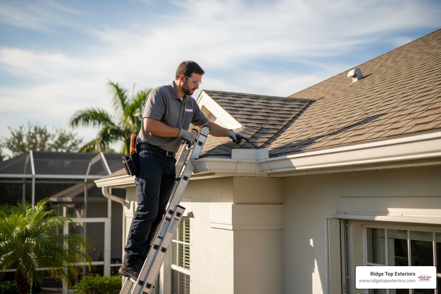 An inspector examining a home's roof-to-wall connections - My Safe Florida Home Grant An inspector examining a home's roof-to-wall connections - My Safe Florida Home Grant