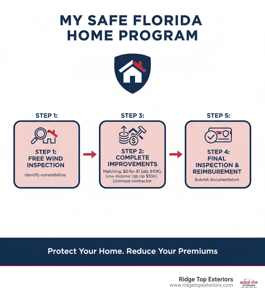 Infographic showing the My Safe Florida Home program process: Step 1 - Get a free wind mitigation inspection to identify vulnerabilities and current hurricane-resistant features. Step 2 - Apply for matching grant funds (state pays $2 for every $1 you spend, up to $10,000) or low-income grant (up to $10,000, no match required). Step 3 - Complete approved improvements with a licensed contractor including roof reinforcement, impact windows, and opening protection. Step 4 - Pass final inspection and receive reimbursement. Step 5 - Contact your insurer with documentation to receive wind mitigation discounts on your premiums. Color scheme: White, Red #B20839, and Navy #0D224B. - My Safe Florida Home Grant infographic Infographic showing the My Safe Florida Home program process: Step 1 - Get a free wind mitigation inspection to identify vulnerabilities and current hurricane-resistant features. Step 2 - Apply for matching grant funds (state pays $2 for every $1 you spend, up to $10,000) or low-income grant (up to $10,000, no match required). Step 3 - Complete approved improvements with a licensed contractor including roof reinforcement, impact windows, and opening protection. Step 4 - Pass final inspection and receive reimbursement. Step 5 - Contact your insurer with documentation to receive wind mitigation discounts on your premiums. Color scheme: White, Red #B20839, and Navy #0D224B. - My Safe Florida Home Grant infographic