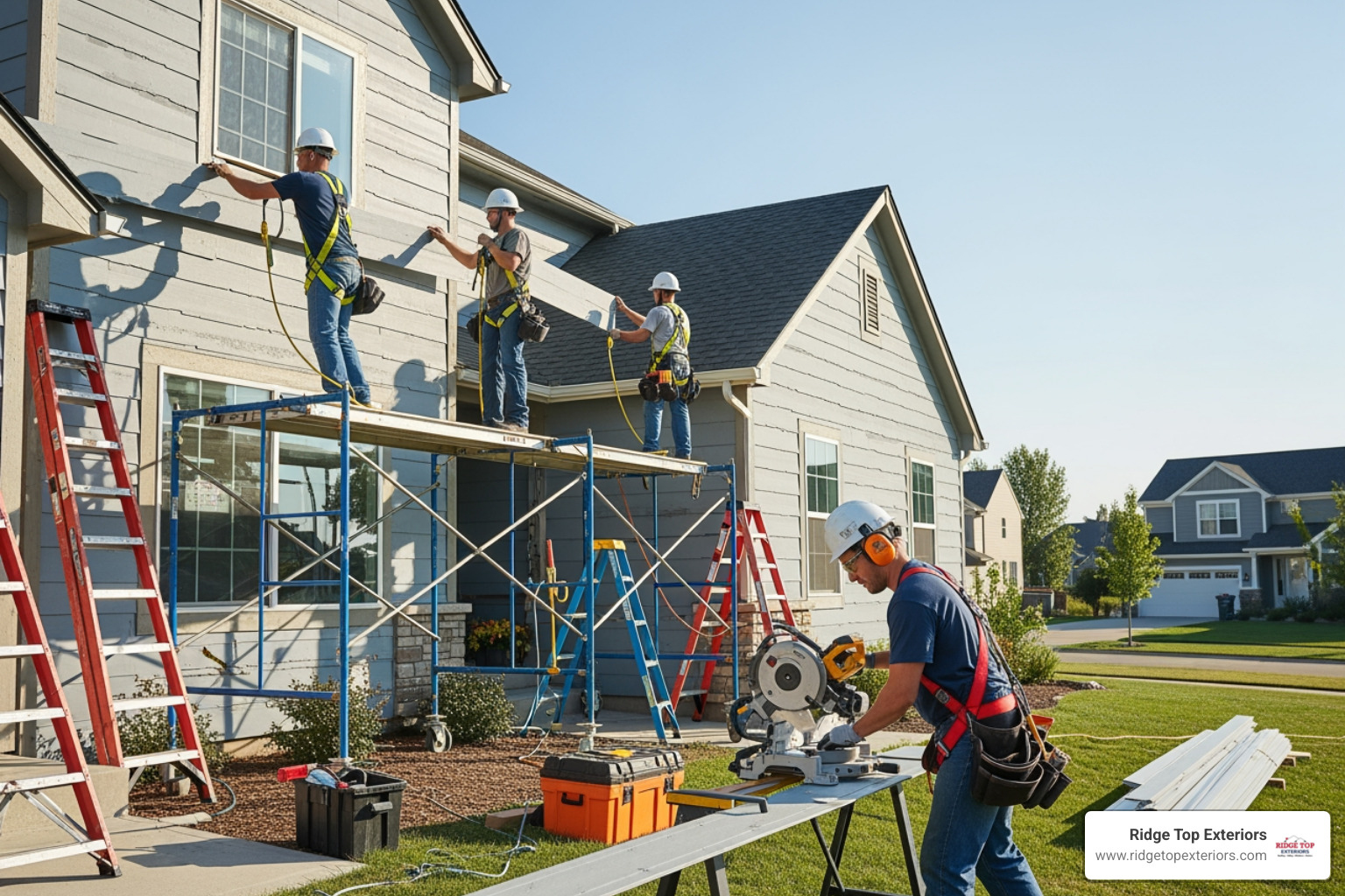 Professional crew installing siding on a two-story home, showcasing safety equipment and proper techniques - Siding installation Appleton WI