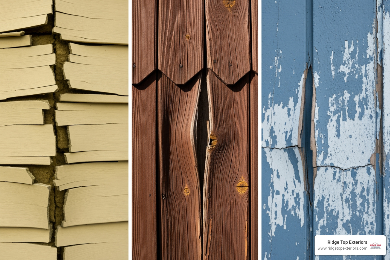 Gallery of damaged siding examples, including cracked vinyl, warped wood, and faded fiber cement - Siding installation Appleton WI