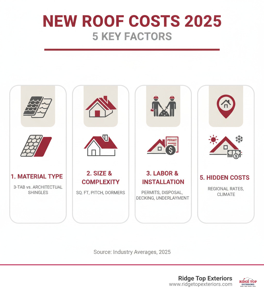 Infographic showing the 5 main factors that determine new roof costs: 1) Material type (3-tab vs architectural shingles), 2) Roof size and complexity (square footage, pitch, dormers), 3) Labor and installation (tear-off, safety, cleanup), 4) Hidden costs (permits, disposal, decking repair, underlayment), 5) Location (regional labor rates, climate requirements) - new roof costs 2025 infographic 