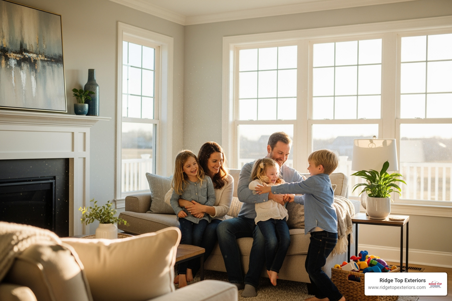 happy family in living room with bright new windows - Replacement window services happy family in living room with bright new windows - Replacement window services