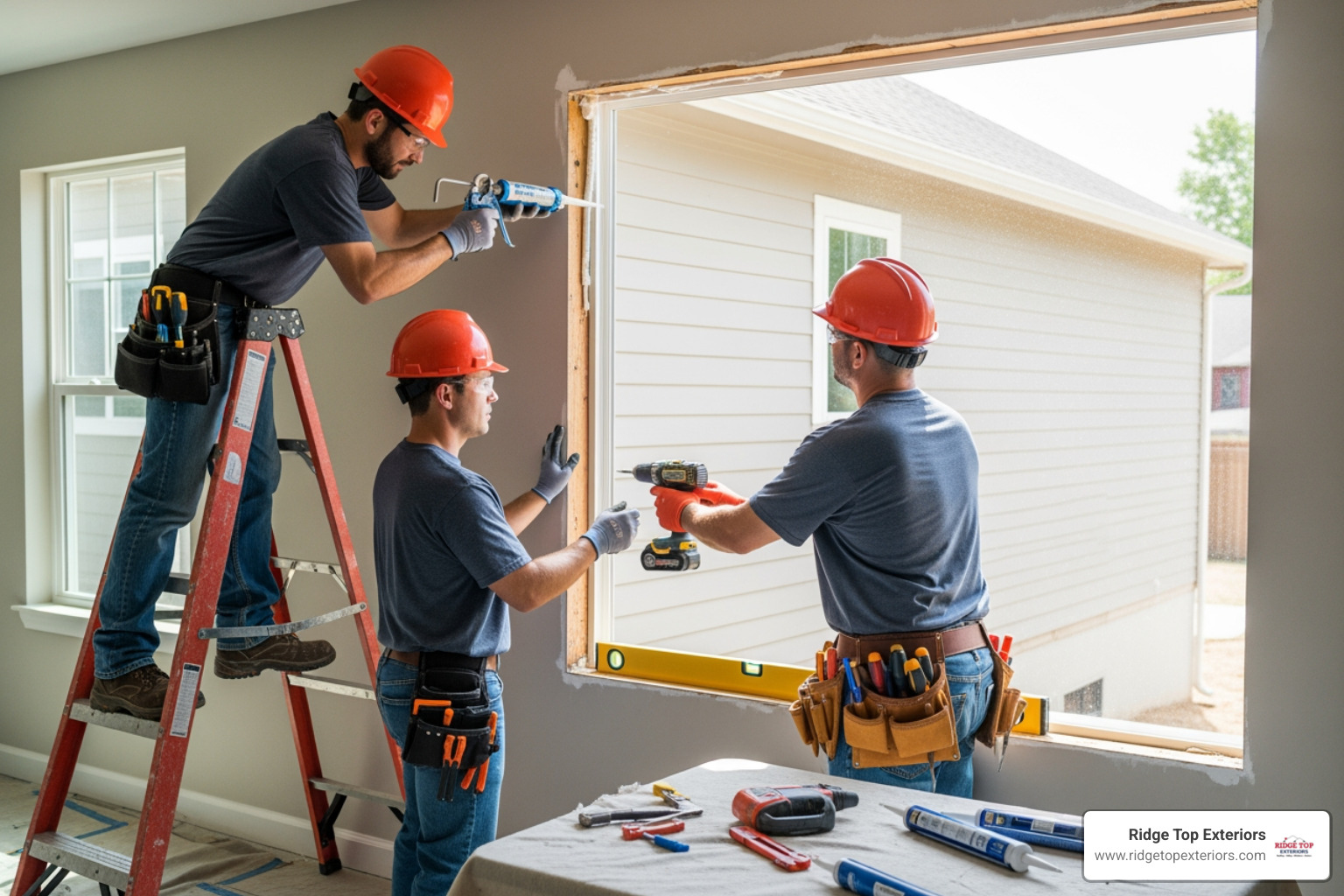 professional crew carefully installing a new window - Replacement window services professional crew carefully installing a new window - Replacement window services