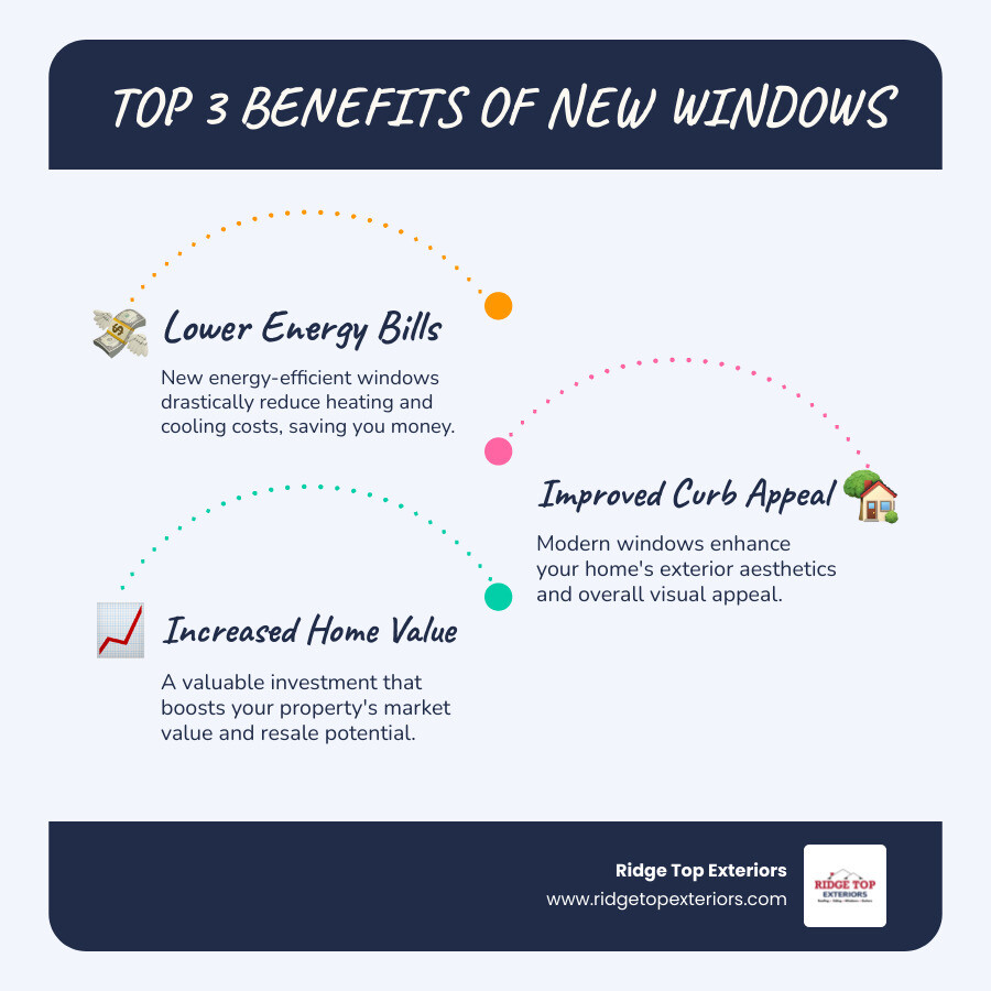 infographic showing three key benefits of window replacement: reduced energy bills with a dollar sign and downward arrow, improved curb appeal with a house icon and upward trend line, and increased home value with a percentage symbol and rising bar chart - Window installation near me infographic infographic-line-3-steps-blues-accent_colors