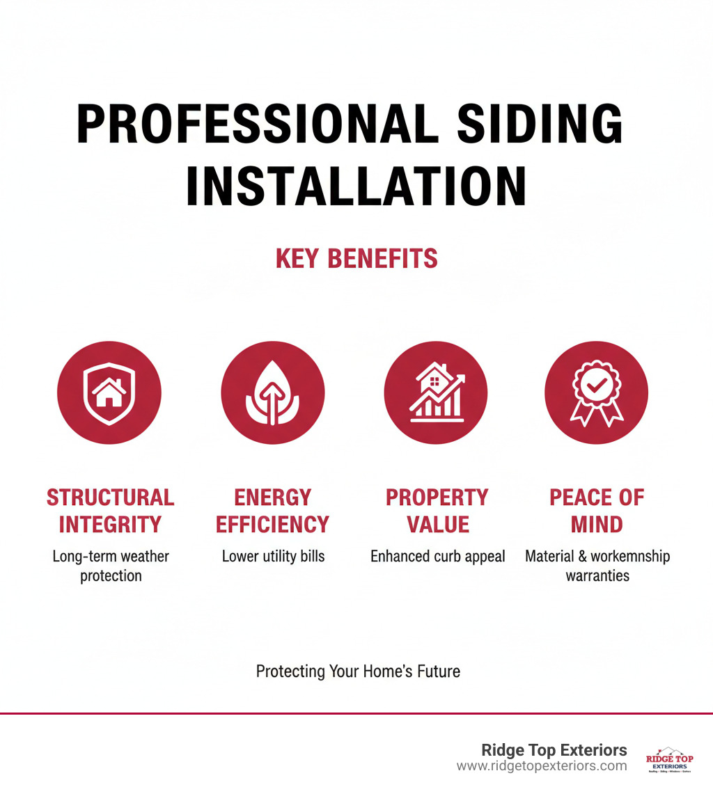 Infographic showing the key benefits of professional siding installation: long-term weather protection and structural integrity, improved energy efficiency and lower utility bills, enhanced curb appeal and increased property value, backed by material and workmanship warranties - Siding contractors near me infographic 
