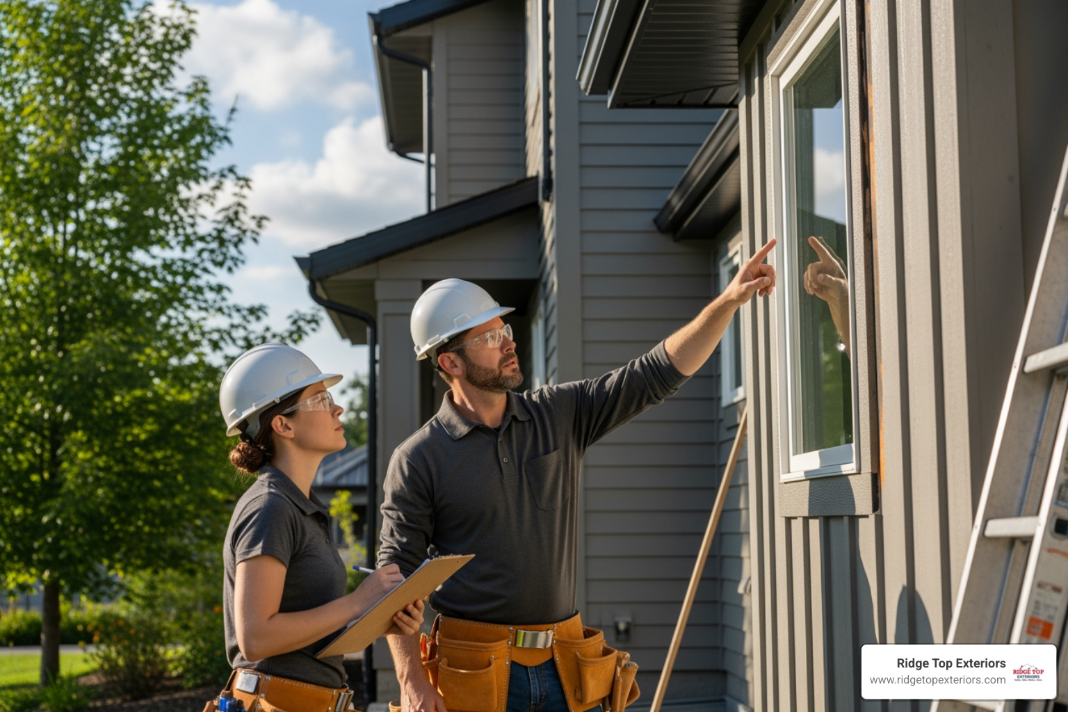Ridge Top Exteriors team members inspecting siding - Siding contractors near me