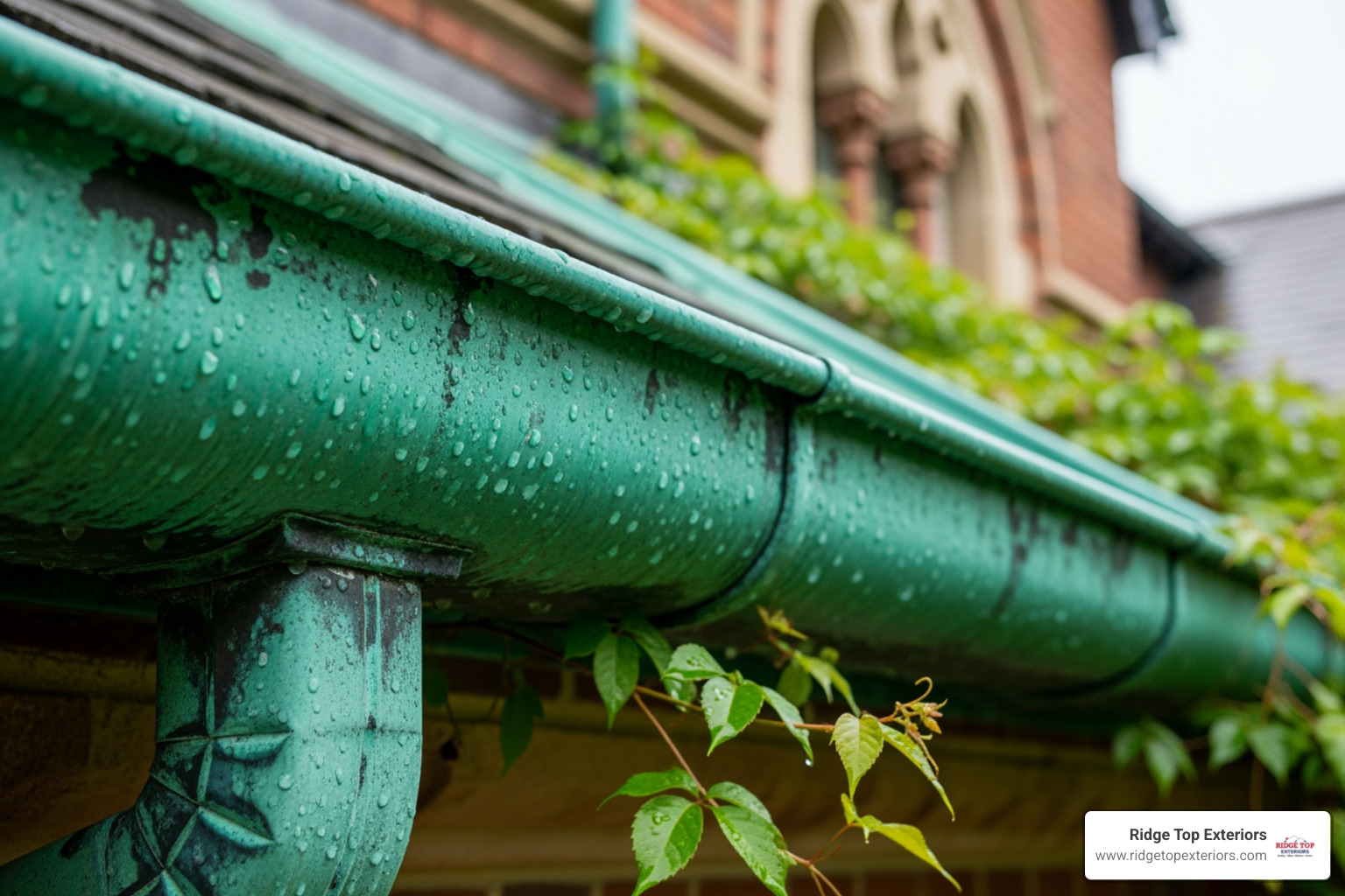aged copper gutters on a historic home - copper gutter prices