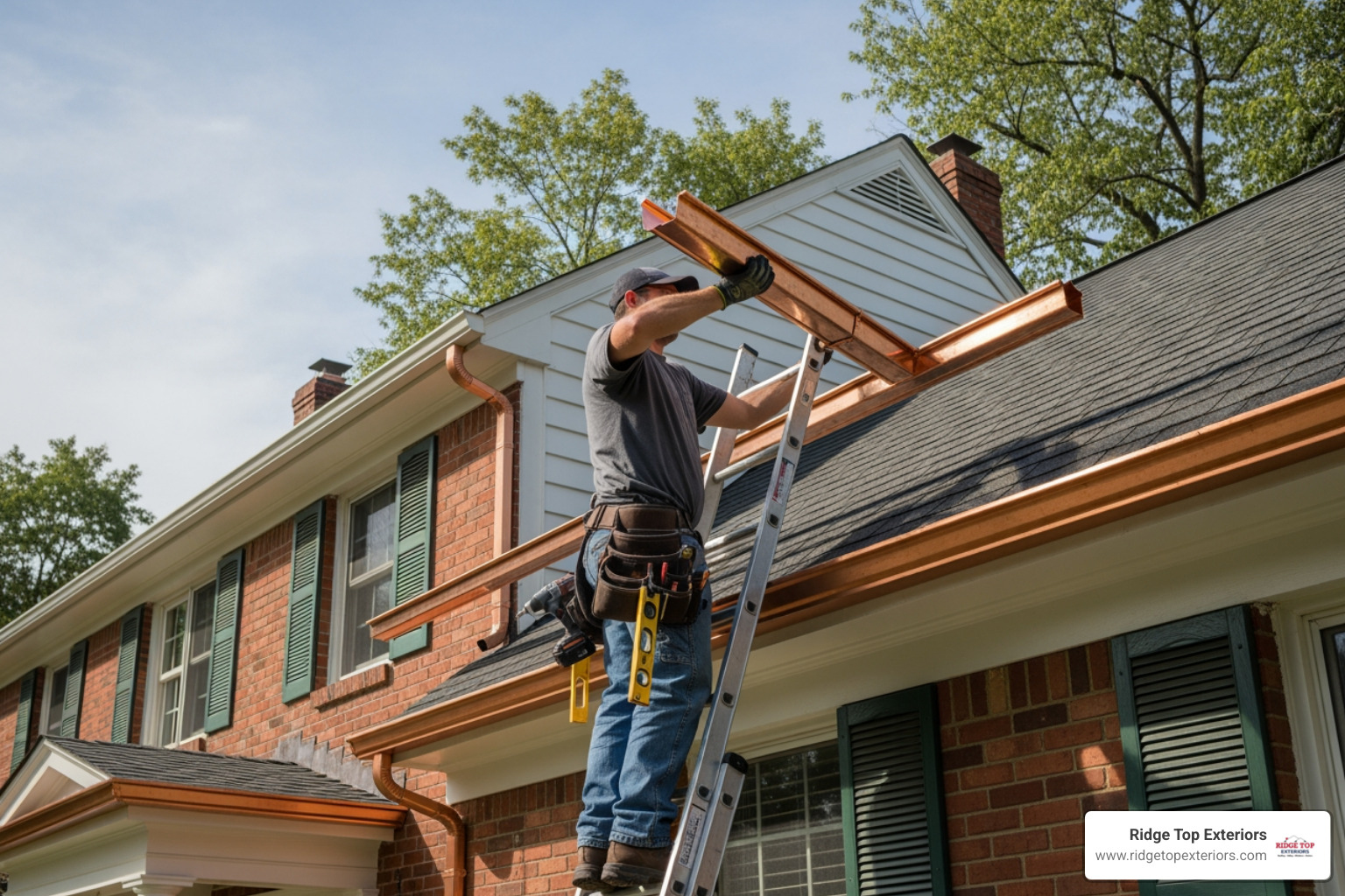 contractor installing copper gutter - copper gutter prices