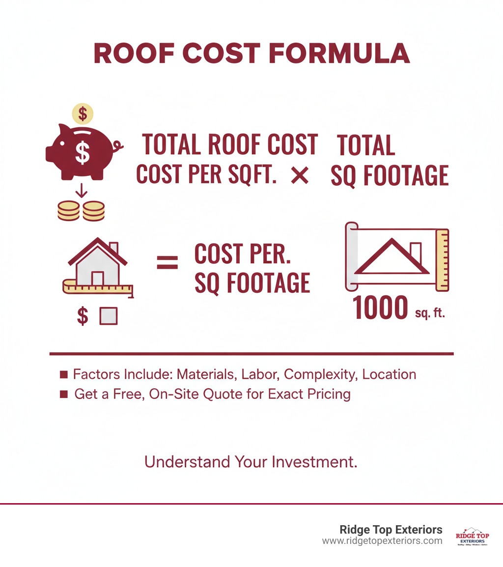 Infographic explaining the formula: Total Roof Cost = (Cost Per Square Foot) × (Total Roof Square Footage) - per square foot roofing costs infographic Infographic explaining the formula: Total Roof Cost = (Cost Per Square Foot) × (Total Roof Square Footage) - per square foot roofing costs infographic