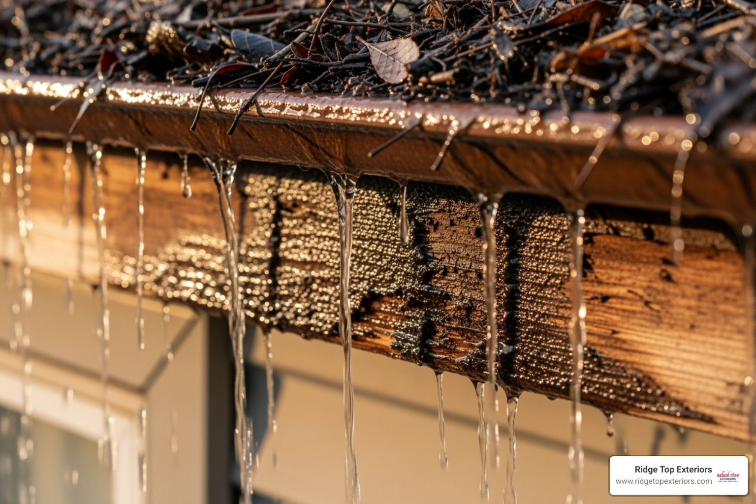 Water damage on a home's fascia board near a clogged gutter - leaf guard company