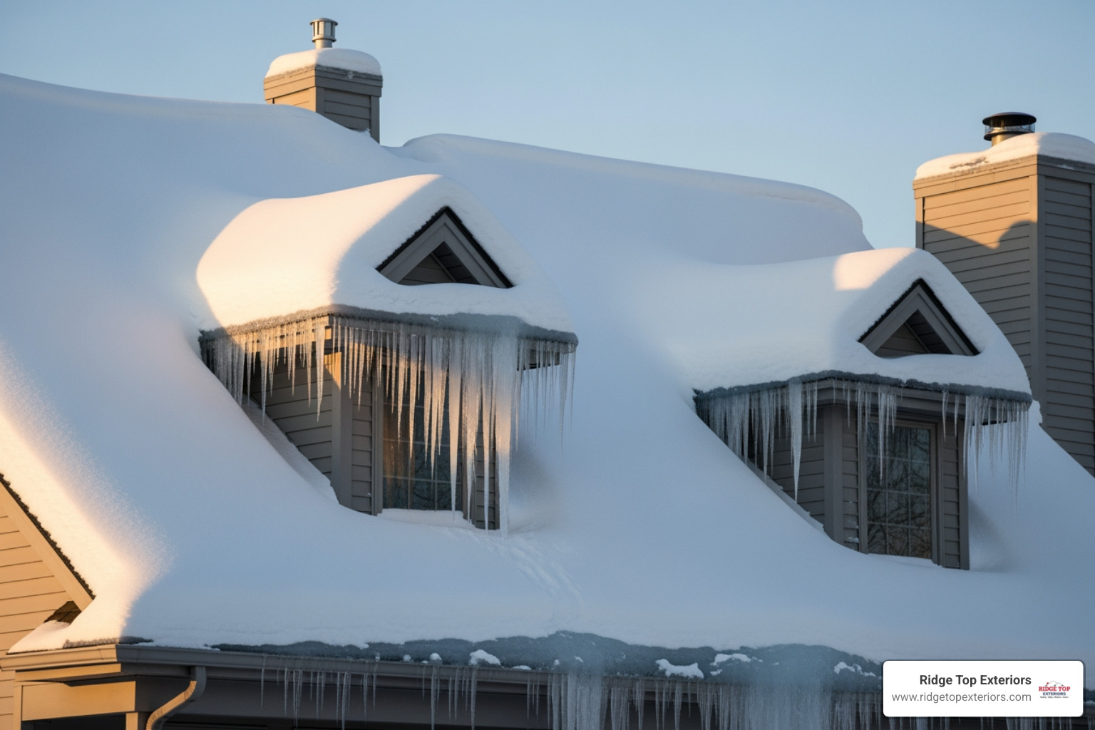A roof covered in snow with icicles forming, indicating an ice dam - Gurnee roof repair A roof covered in snow with icicles forming, indicating an ice dam - Gurnee roof repair