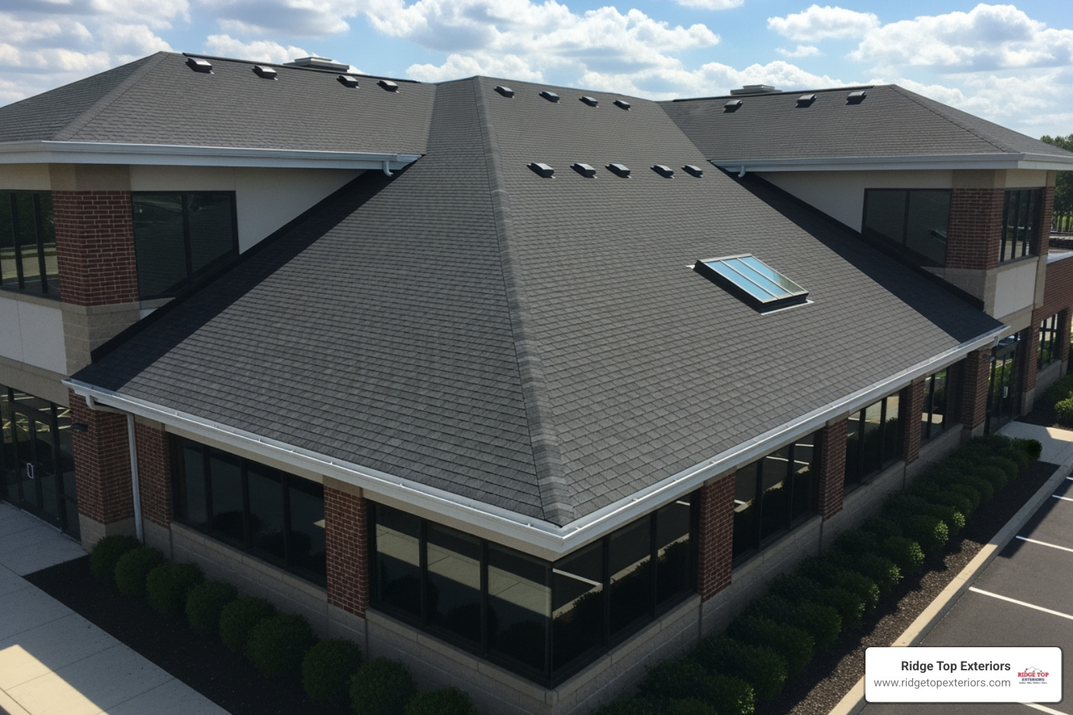 newly installed GAF impact-resistant shingle roof on a commercial building - hail damage commercial roofing